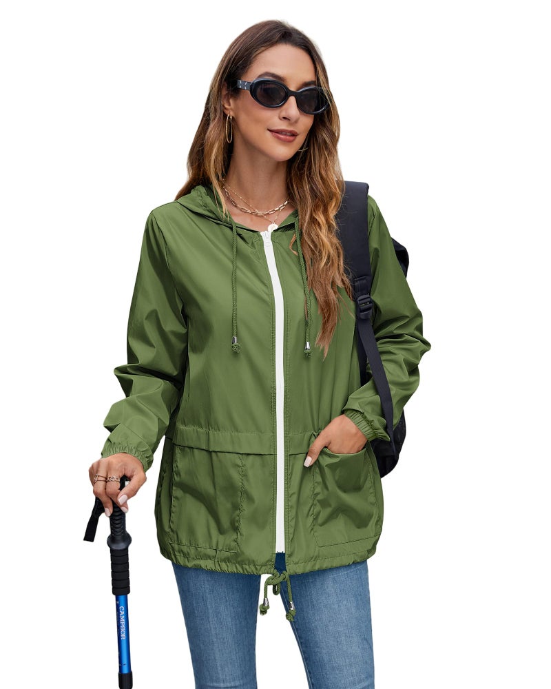 Hount Ladies Lightweight Raincoat with Hood Waterproof Packable Travel Windbreaker Rain Jackets (Army Green, L) - Image 4